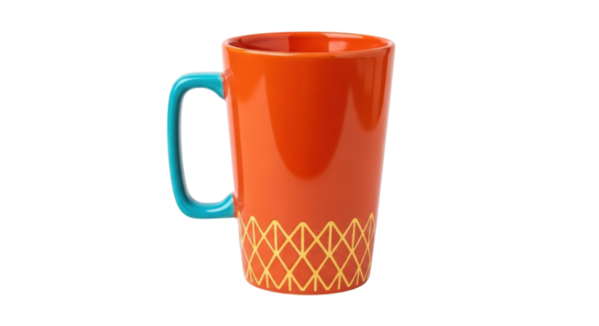 Isolated orange mug with handle, geometric motif pattern, tea or coffee drinking container