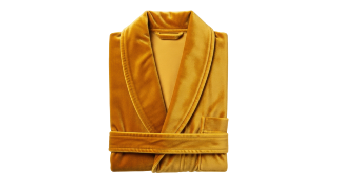 Isolated, yellow-gold folded velour robe with belt, cozy for spa day or hotel stay