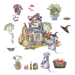 halloween illustration card with mouse house, season greetings