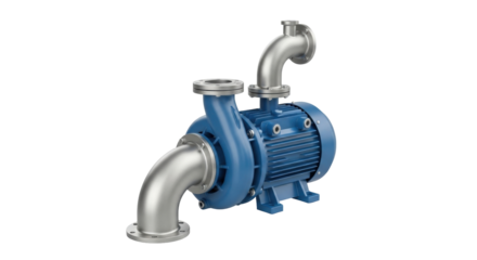 Isolated industrial centrifugal pump with silver piping, equipment in engineering sector