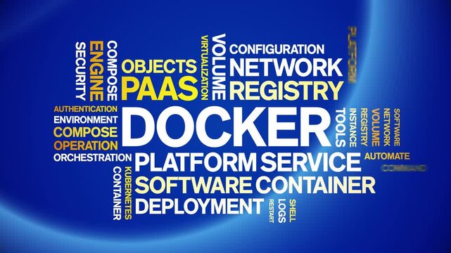 Docker animated word cloud-text design animation tag kinetic typography seamless loop.