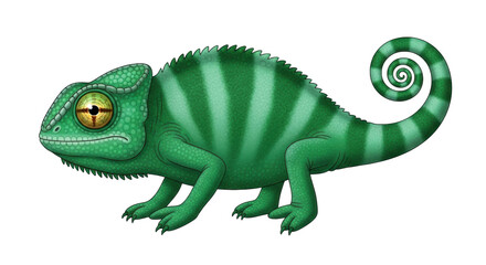 Isolated Green Chameleon, Forest Animal, Reptile with Swirly Tail, Cartoon Style Illustration
