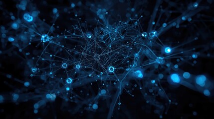 Abstract visualization of a complex digital network with glowing blue nodes and interconnected data pathways on a dark background