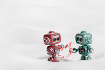 Two 3d robots exchanging a candy cane in a winter holiday setting