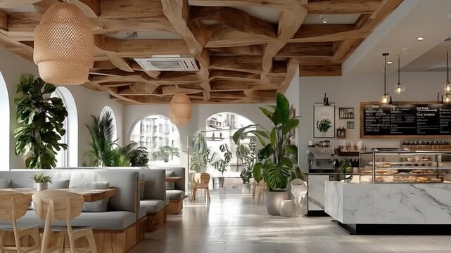 Modern cafe interior with natural light and wooden elements