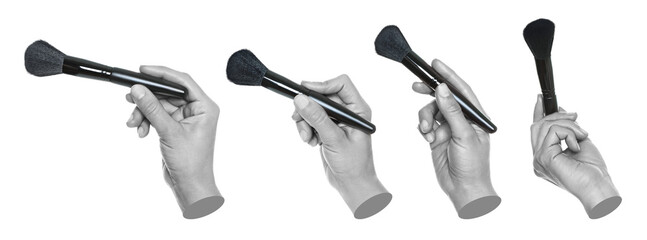Set of gray hands contemporary art style holding makeup brushes, isolated on transparent background