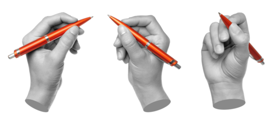 Set of gray hand contemporary art style holding orange ballpoint pen, isolated on transparent background