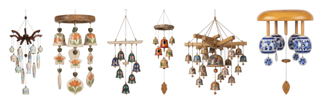 Decorative wind chimes set including ceramic bells, wooden tops, and hand-painted floral designs isolated. Home and garden decor collection.