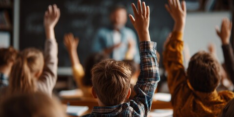 Obraz premium Engaged Students Raise Hands in Classroom with Teacher in Background during Lesson on Education and Learning in Modern School Environment