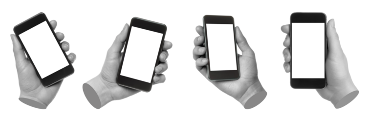 Set of gray hand contemporary art style holding smartphone isolated on transparent background