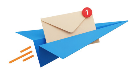 Isolated digital communication message with notification on a paper airplane illustration