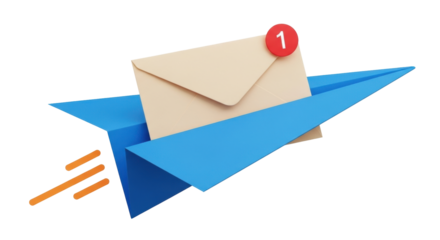 Isolated digital communication message with notification on a paper airplane illustration