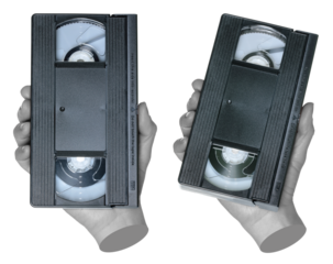 Set of gray hand contemporary art style holding retro VHS tape isolated on transparent background