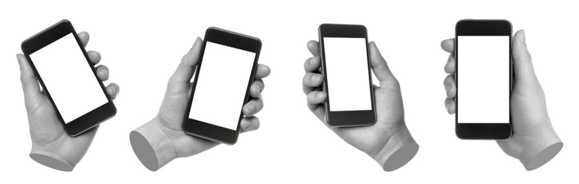 Set of gray hand contemporary art style holding smartphone isolated on transparent background