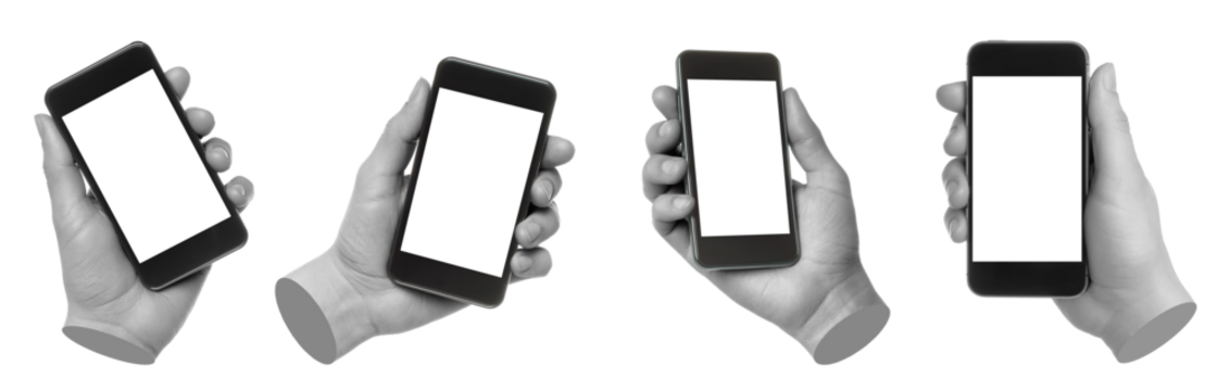 Set of gray hand contemporary art style holding smartphone isolated on transparent background
