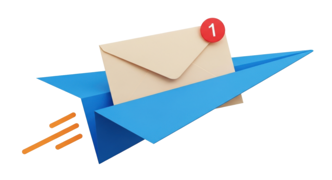 Isolated digital communication message with notification on a paper airplane illustration