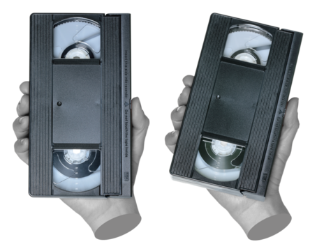 Set of gray hand contemporary art style holding retro VHS tape isolated on transparent background