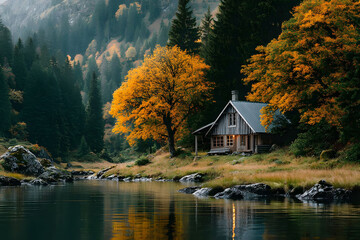 Fototapeta premium Tranquil Autumn Scene with Cabin by Lake in Scenic Forest Landscape