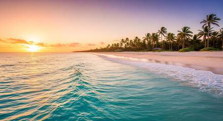 Golden Hour Beach Paradise &ndash; Palm Trees and Ocean Waves in Warm Sunset Light, sunset on the beach
