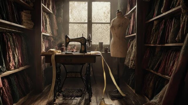 A sewing room with vintage machine, mannequin, and fabric