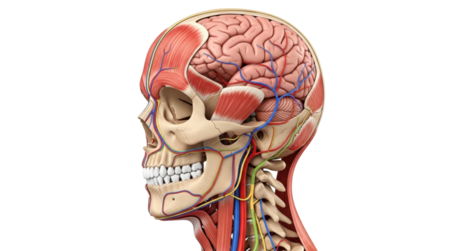 Isolated Human skull with muscles, veins and arteries viewed from a side angle on display