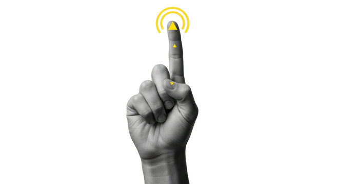 Isolated hand touching virtual screen, finger pointing or pressing digital interface, UI, UX