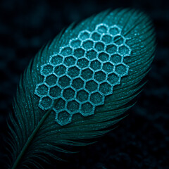 Extreme Macro of Hexagonal Frost on Emerald Green Feather in Cold Blue Light