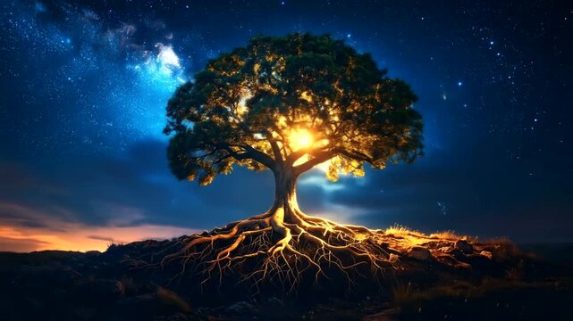 Majestic tree with roots and branches under a starry night sky.