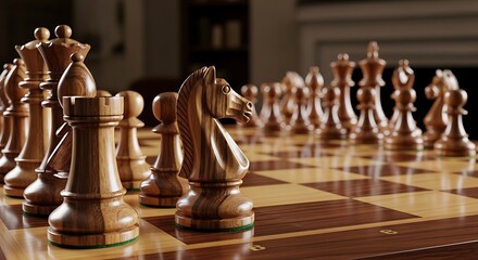 Chess Game Strategy - Wooden Pieces on a Polished Board.