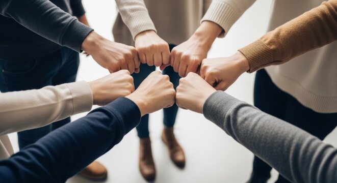 Diverse team uniting in a powerful fist bump displaying teamwork and commitment to group goals