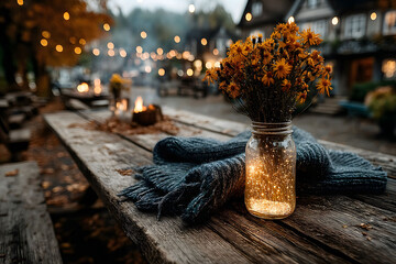 Cozy Autumn Evening with Jar Lantern and Flowers on Rustic Wooden Table Outdoor Scene