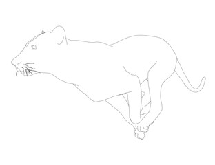 A sleek black panther in dynamic motion, rendered in minimalist line art contour style. This powerful feline predator embodies the grace of a running lioness with clean vector illustration.