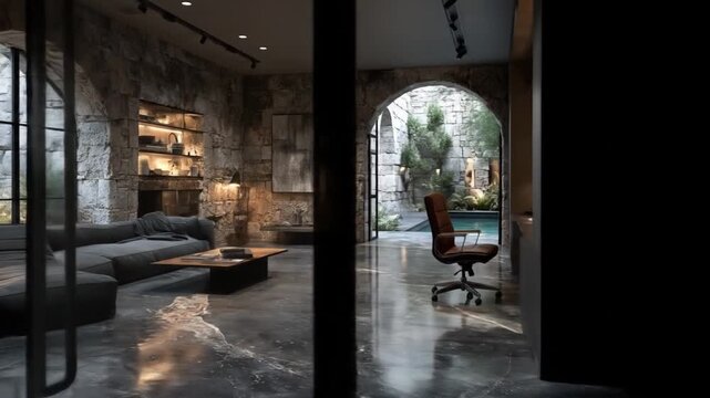 Modern interior design with stone walls and outdoor pool view