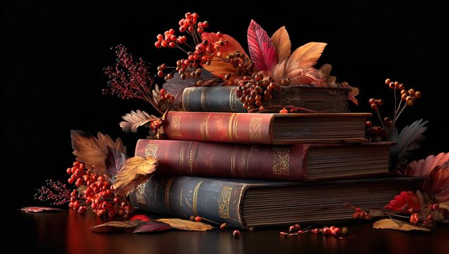 Vintage books adorned with autumn foliage, creating a cozy, nostalgic atmosphere perfect for seasonal promotions and educational themes