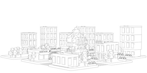 A contour drawing of a town features a detailed ice cream shop among buildings and trees.