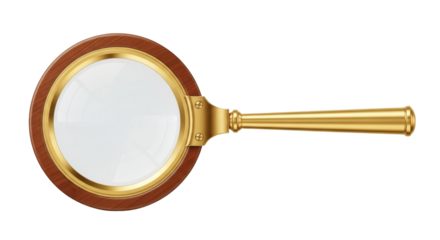 Isolated magnifying glass with a wooden frame and golden handle, office tool on surface