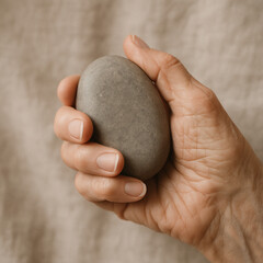 of Elderly Womans Hand Holding Smooth River Stone Showing Skin Texture
