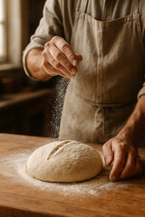 Bakers Hands Dusting Fine Flour Over Newly Kneaded Sourdough Loaf
