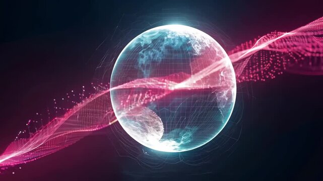 Several semi-transparent 3D spheres space, connected neon hot pink lines glowing web. sphere contains digital particles data hubs futuristic servers. web flexes vibrates living network