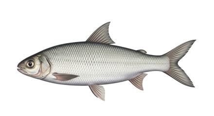 Isolated asp fish, a freshwater cyprinid found in Europe, lying on its side, close-up