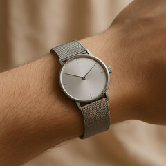 of Human Wrist Showing Fine Hair Skin Texture with Minimalist Silver Watch
