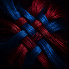 Abstract of Interlaced Blue Crimson Silk Thread Strands Frayed at Edges