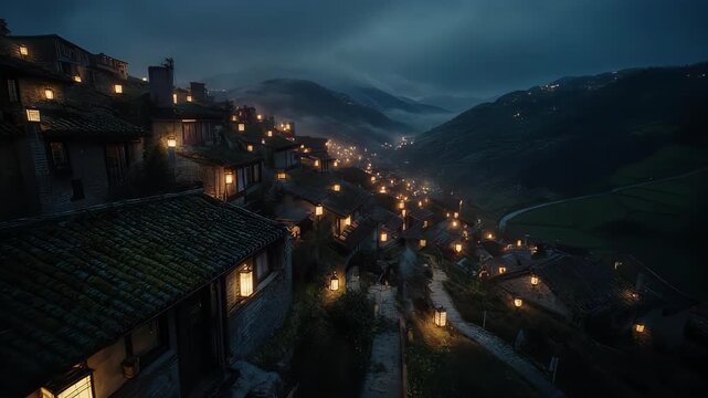 A quaint village nestled in a valley illuminated by lanterns at dusk