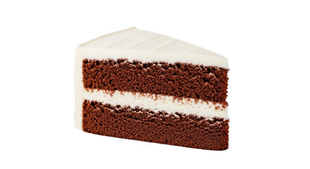 Isolated slice of rich chocolate layer cake with creamy frosting for dessert time, snack