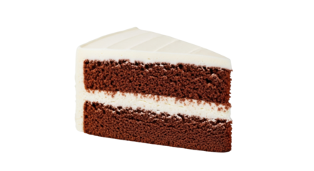 Isolated slice of rich chocolate layer cake with creamy frosting for dessert time, snack