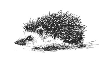 A detailed black and white illustration of a hedgehog with spiky quills, lying on the ground