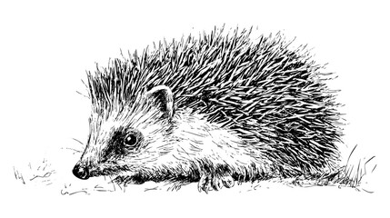 A detailed black and white illustration of a hedgehog with spiky quills, lying on the ground