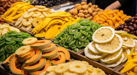 Fototapeta premium Colorful Dried Fruit Display - A Healthy and Delicious Snack Selection.