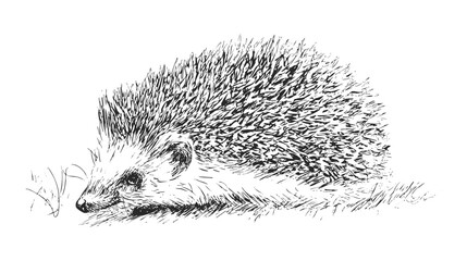 A detailed black and white illustration of a hedgehog with spiky quills, lying on the ground
