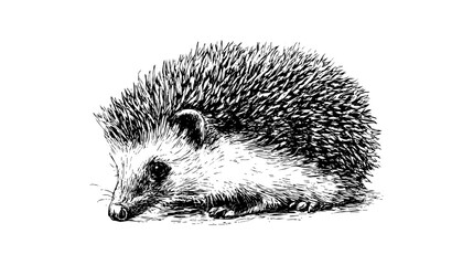 A detailed black and white illustration of a hedgehog with spiky quills, lying on the ground